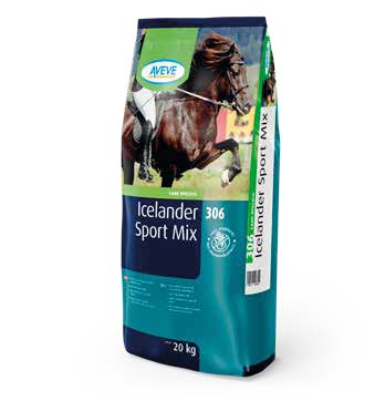 Aveve 306 Icelander Sport Mix 20kg hästfoder med hästbild på påsen.