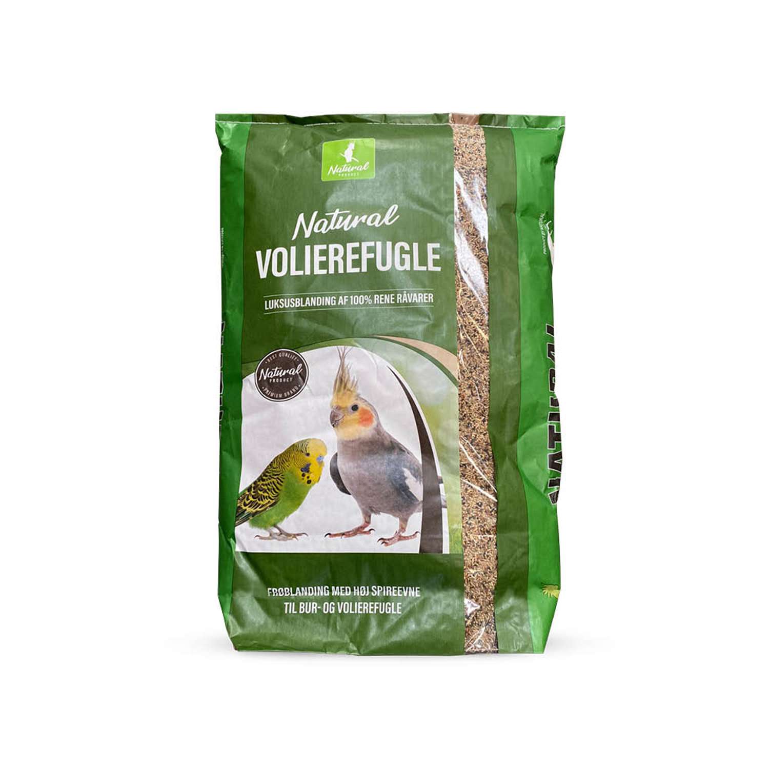 Grön 15 kg påse med Natural Kanarie Lyx fågelmat med bilder på undulater och cockatieler på framsidan.