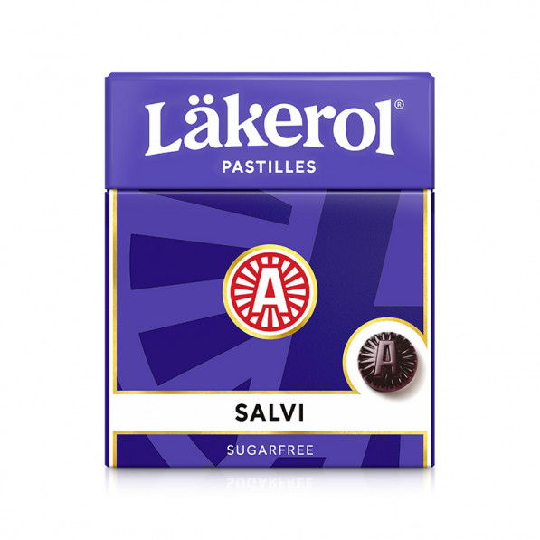 En lila ask med sockerfria pastiller av märket Läckerol Salvi.