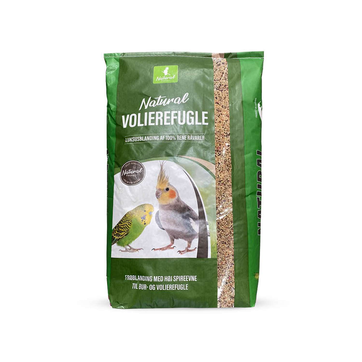 Grön 15 kg påse med Natural King Standard Kanarie fågelfrö med bilder på undulater och cockatieler.