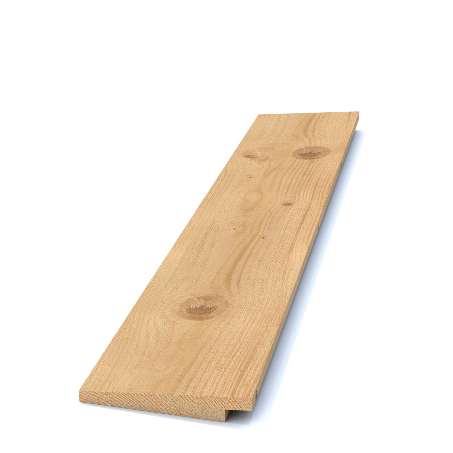 En enkel träplanka med slät yta och synliga kvistar mot en vit bakgrund.