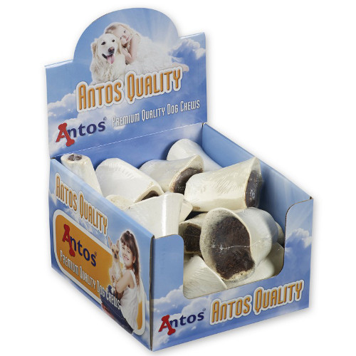 Ask med ANTOS MÄRGBEN M. LAMM & RIS tuggben för hund med hund och flicka på förpackningen.