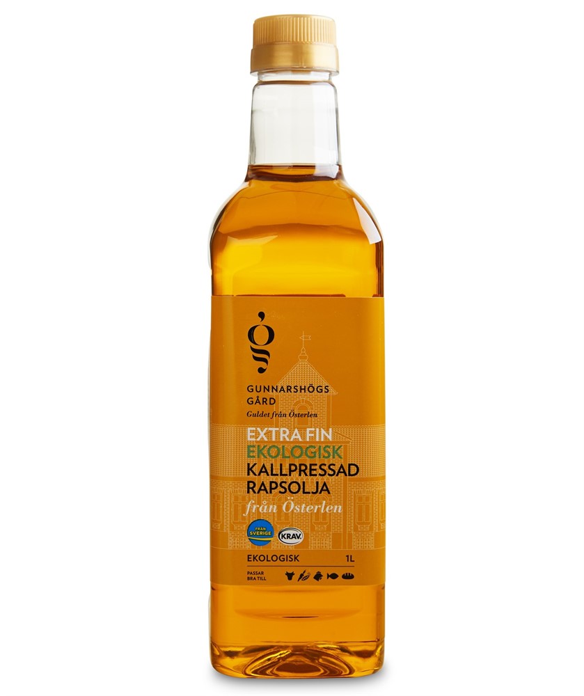En 1L flaska Rapsolja KRAV ekologisk kallpressad rapsolja från Österlen.