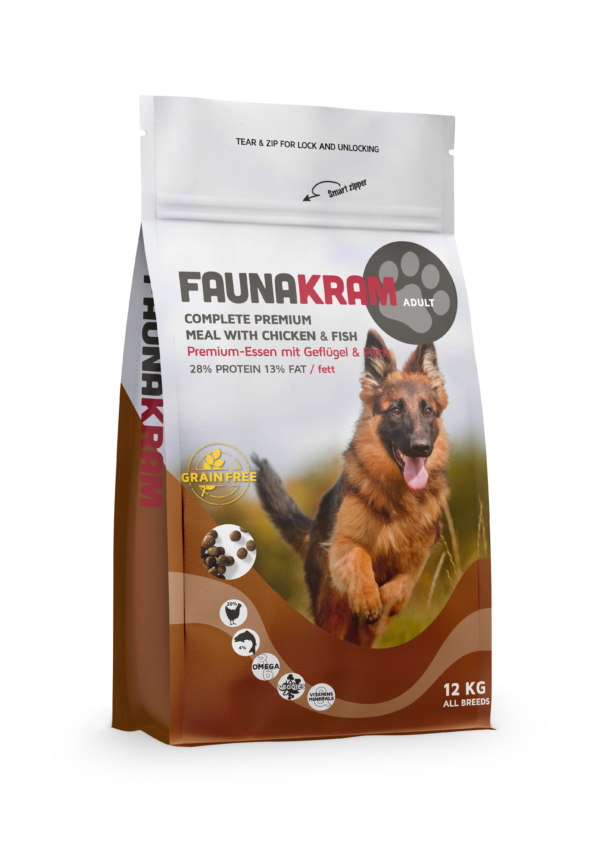 Faunakram 12kg komplett måltid med kyckling & lax, med en glad schäfer på framsidan.