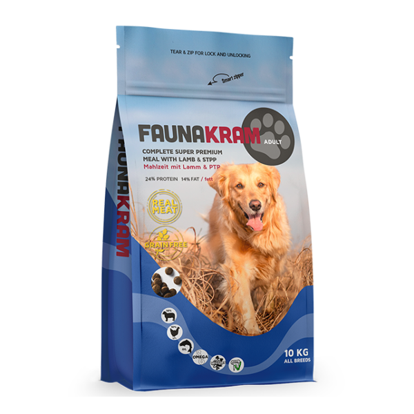 Faunakram 10kg premiummåltid med lamm och kyckling för vuxna hundar, golden retriever på förpackning.