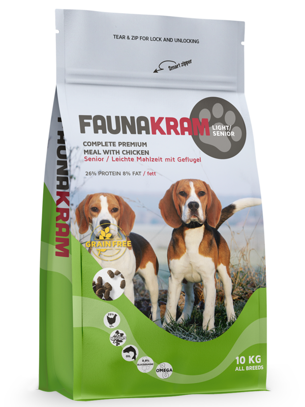 Grön och vit 10 kg Faunakram senior kyckling hundmatspåse med två beaglar på framsidan.