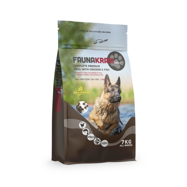 Faunakram 7kg premium hundfoder med kyckling och fisk för vuxna hundar, schäfer på paket.
