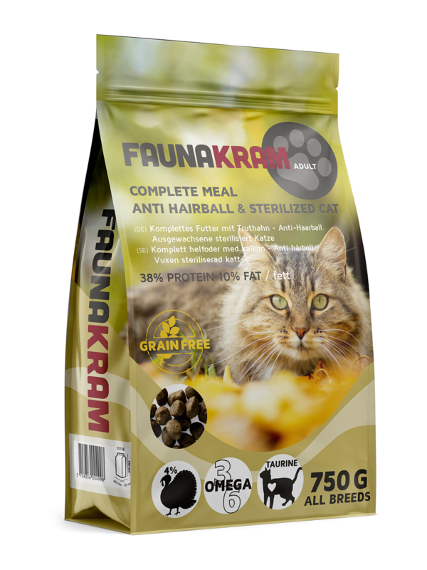 Faunakram 750 g torrfoder för steriliserade katter, med foto av en tabbykatt och produktinformation.