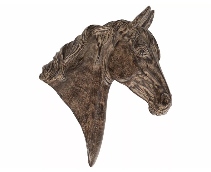 En brun poly hästhuvudprofil på en vit bakgrund.