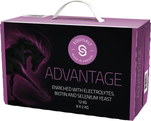 Lila och svart låda med Saltsten Equisalt Advantage med stiliserad hästbild.