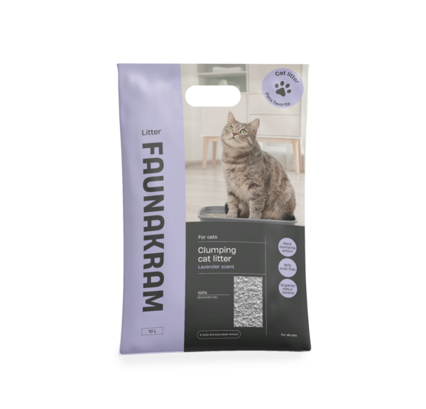 Faunakram 10L Klumpande kattsand med lavendel, innehåller produktinformation och en bild på en grå katt.