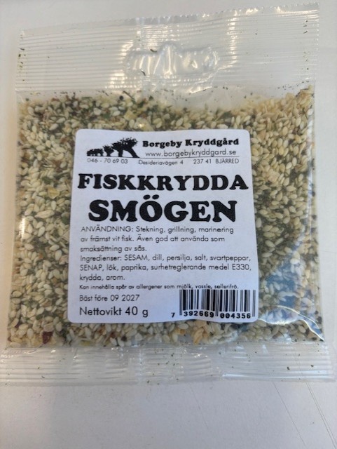 Ett 40g paket Fiskkrydda smögen fiskkrydda, ingredienser och användning på svenska.