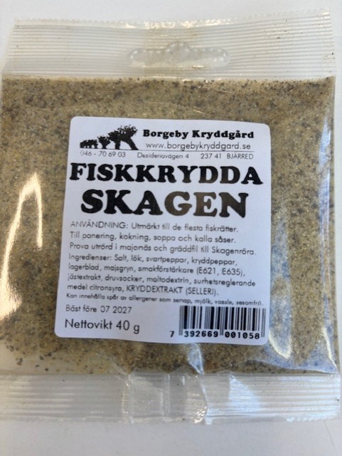 Ett 40 g paket Fiskkrydda skagenröra med svensk text på etiketten.