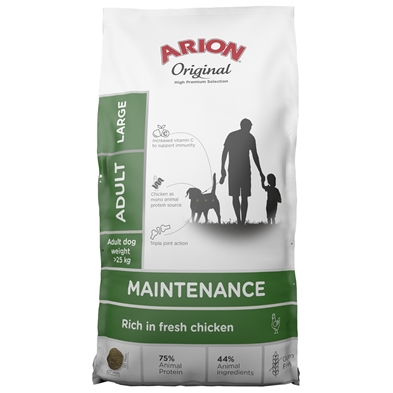 ARION ORIGINAL MAINTENANCE LARGE 12 KG hundmat med silhuett av man, hund och barn på påsen.