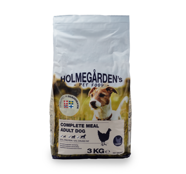 3 kg Holmegården's Complete Dogfood med kyckling, med hundfoto och kycklingikon.