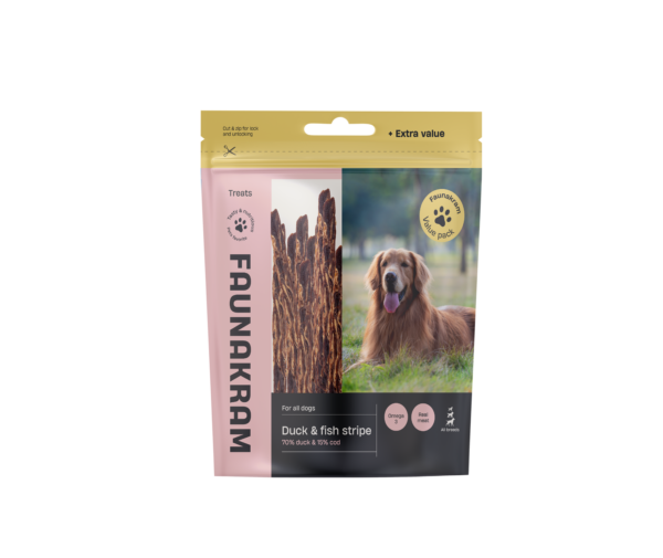 Faunakram 500g värdeförpackning anka & torsk stripes, med hund- och godispinnar som visas på förpackningen.