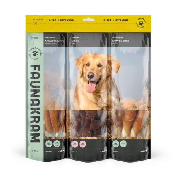 Faunakram 600g hund 3-i-1 godis, tre-pack, med golden retriever på förpackningen.