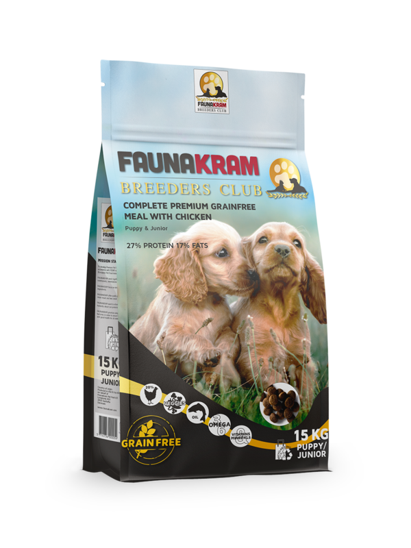 Faunakram 15kg premium valpmjöl med kyckling, förpackningen visar två valpar och produktinformation.