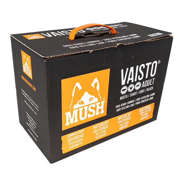 Svart låda med orange handtag, märkt MUSH Vaisto Adult med en varglogotyp och produktinformation.