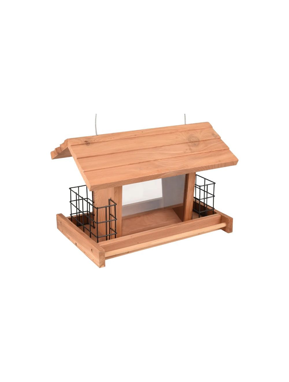 Fågelhus Sami: Fågelmatare i trä med snedtak och två talgburar.