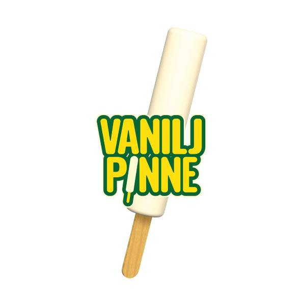 En Vaniljpinne vaniljglass på en pinne med texten "Vaniljpinne" över.