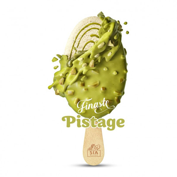 Pistage glassbar med grönt överdrag, pistagebitar och texten Finaste Pistage.