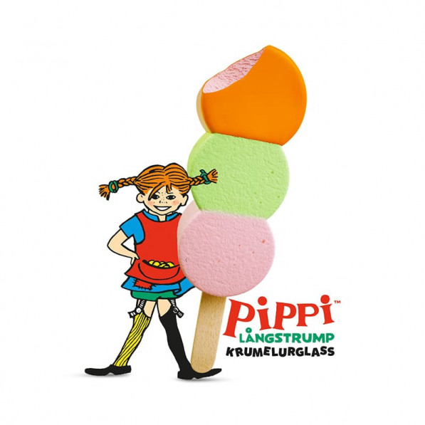 Pippi Krumelurglass: Tecknade Pippi Långstrump håller i en färgglad glass med tre skopor.
