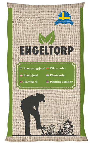 En 50L Engeltorp Plantjord-väska med en trädgårdsmästarsilhuett och flerspråkig text.