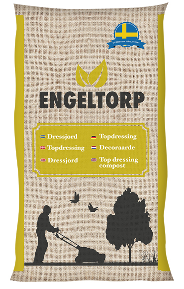 Påse Engeltorp Dressjord 50 l med en person som klipper gräset och fåglar som flyger på förpackningen.