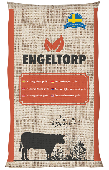 Engeltorp Naturgödsel 50 l påse med kosiluett och svensk flagga, naturgödsel.