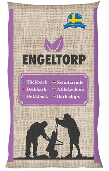 Engeltorp Täckbark 50 l påse med trädgårdssilhuetter och flerspråkig text.