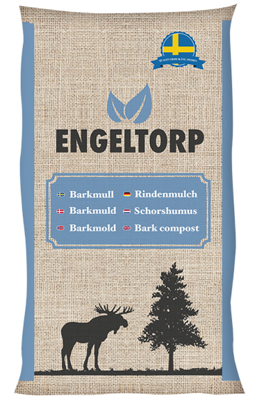 En 50 l Engeltorp Barkmull-säck med översättningar av älg, träd och barkmull.