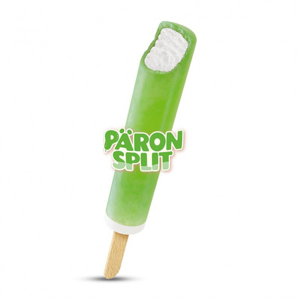 Päronsplit: grön päronglass på en pinne med ett bett och "PÄRON SPLIT" på framsidan.