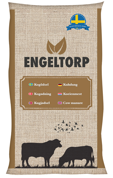 Engeltorp Kogödsel 50 l bag med ko-silhuetter och flerspråkig märkning.