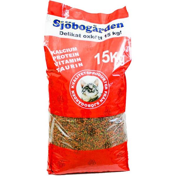 Röd påse med Sjöbogården kattmat, 15 kg, med näringsämnen listade i vit text.