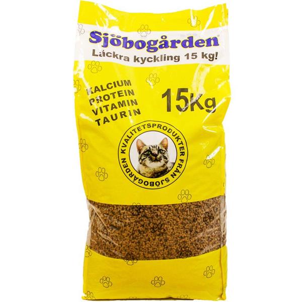 Gul påse med Sjöbogårdens kattmat, 15 kg, med kattbild och text på svenska.