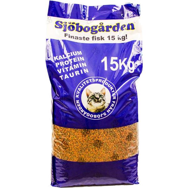 Blå och gul 15 kg påse med kattmat från Sjöbogården med kattmotiv på framsidan.