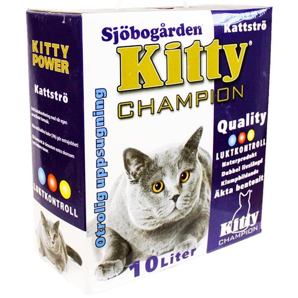 Kitty champion kattsand bentonit 10l med grå kattbild och blå, gul, vit text.