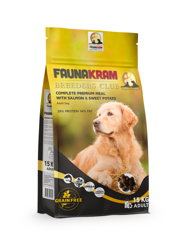 Faunakram 15kg premiummåltid med lax och sötpotatis för vuxna hundar, golden retriever bild.