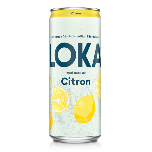 En burk Loka Citron med citronsmak och citronillustrationer på etiketten.