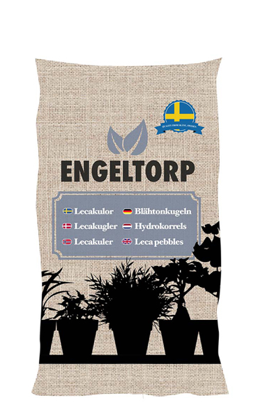 Påse märkt Lecakulor 8-14mm - 40l med växtsilhuetter och flerspråkig text.