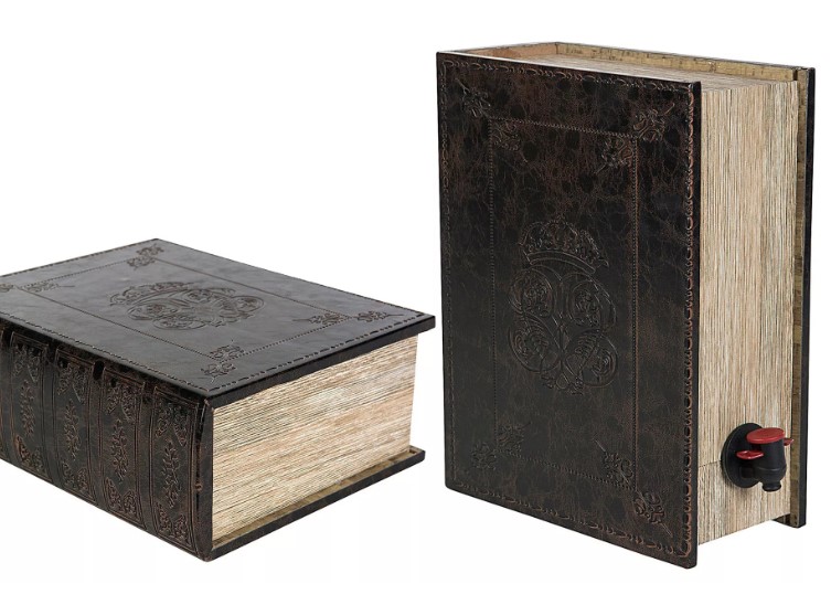 Två boklådor av märket Vinbox Boklåda Läder, en stående och en liggande, båda med dolt nyckelhål.