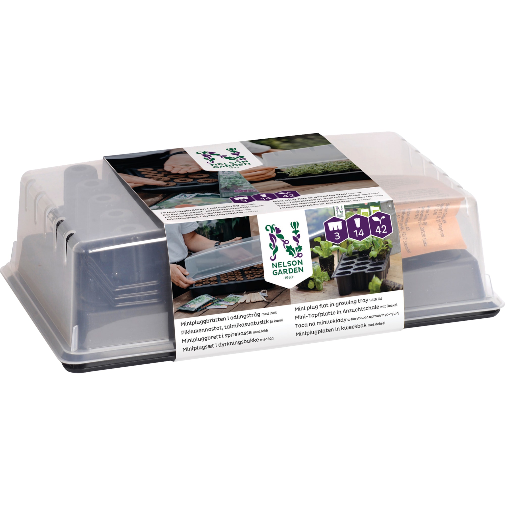Odlingstråg med lock och minipluggbrätten med genomskinligt lock och Nelson Garden-märkning.