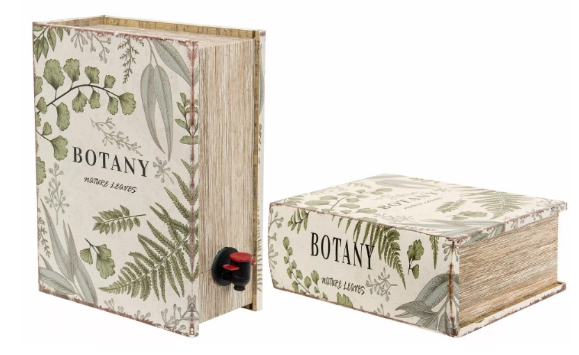 Två Vinbox Boklåda Leaves-boxar med en dold vinutloppspip på sidan.
