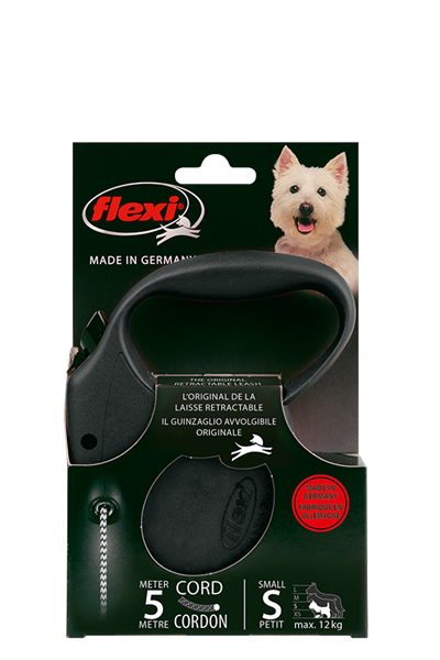 Flexi standard S hundkoppel svart i förpackning med en vit hund på lådan.