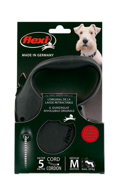 Flexi standard M hundkoppel svart i förpackning med en hundbild på lådan.