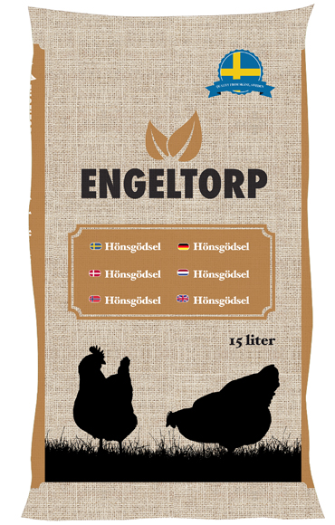 Hönsgödsel 15 l väska med kycklingsilhuetter och flaggor.