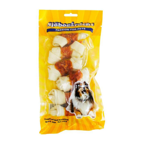 Sjöbogården Tuggknutar m. kyckling 6-pack, gult paket med bild på Collie-hund.