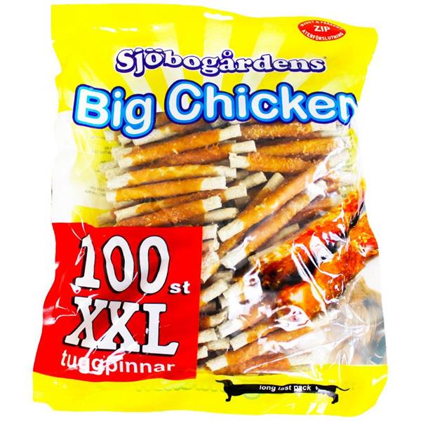 Påse med Sjöbogårdens Big Chicken hundgodis, märkt 100 st XXL tugpinnar.