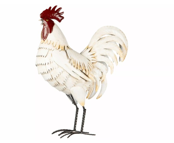 Tupp Metall Creme: Vit metalltupp med röd kam på tunna svarta ben.